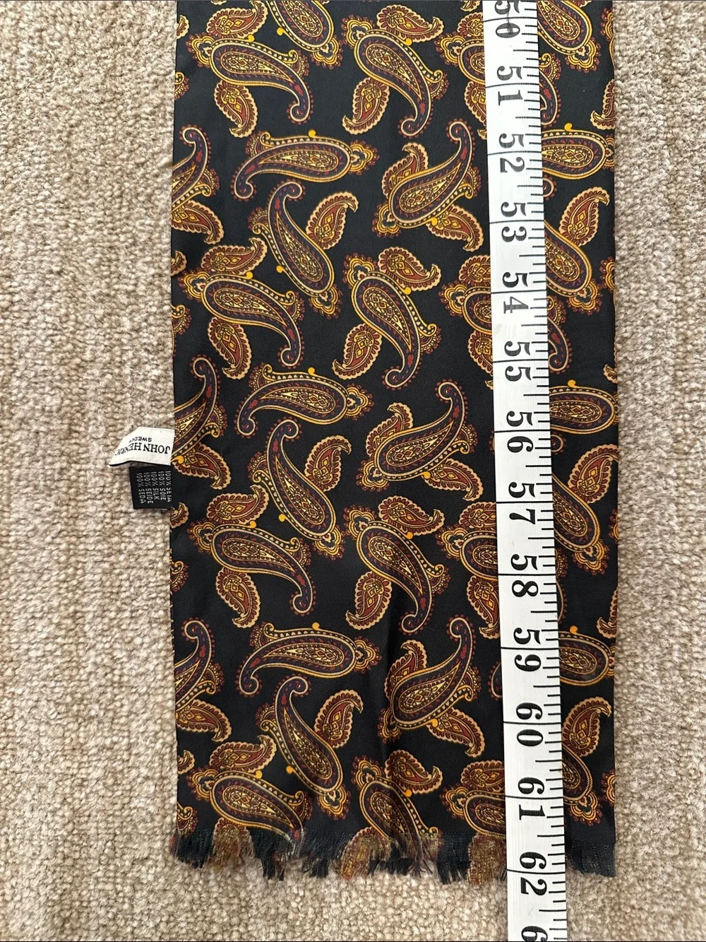 John Henric Sweden 100% Silk Black Paisley Frayed Edge Men Scarf 62X6.5